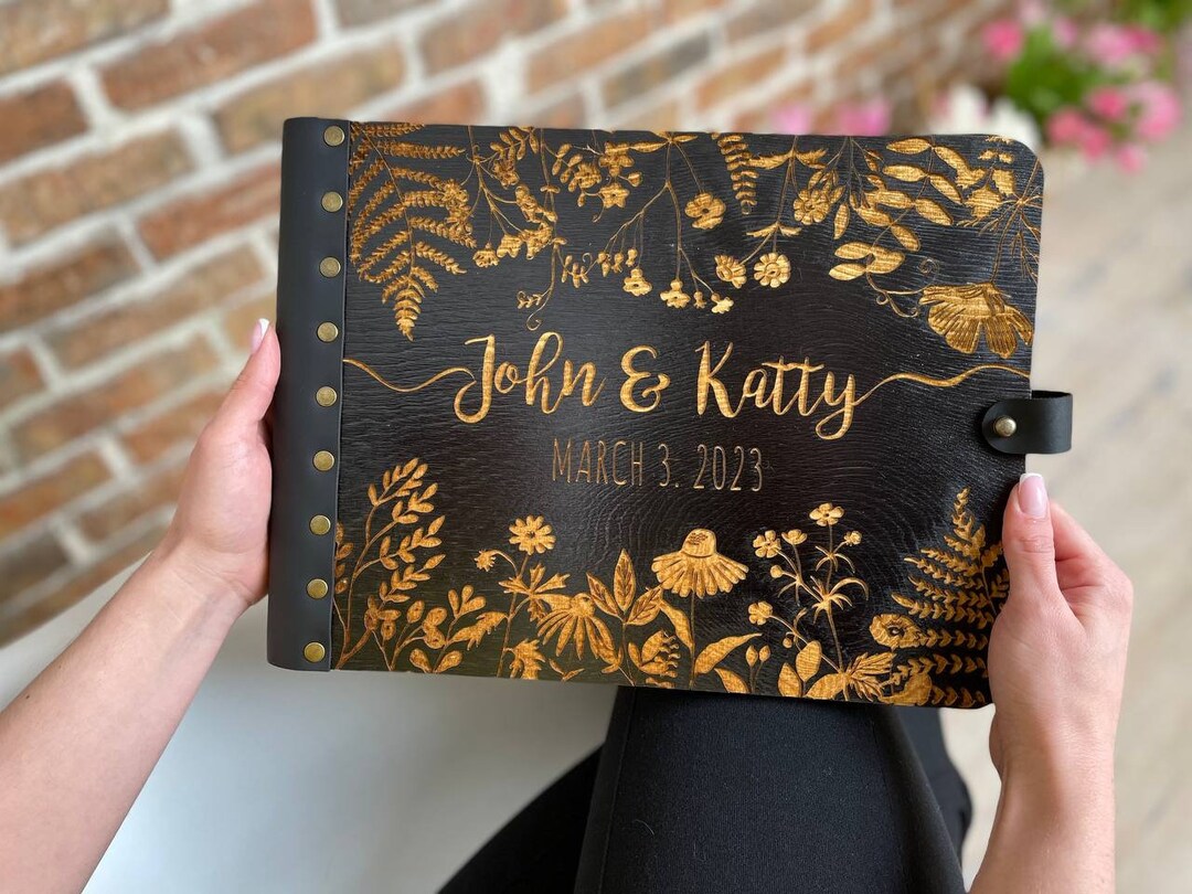 Black Wedding Guest Book Personalized Leather Guest Book Photobooth Guestbook Wildflowers Photo