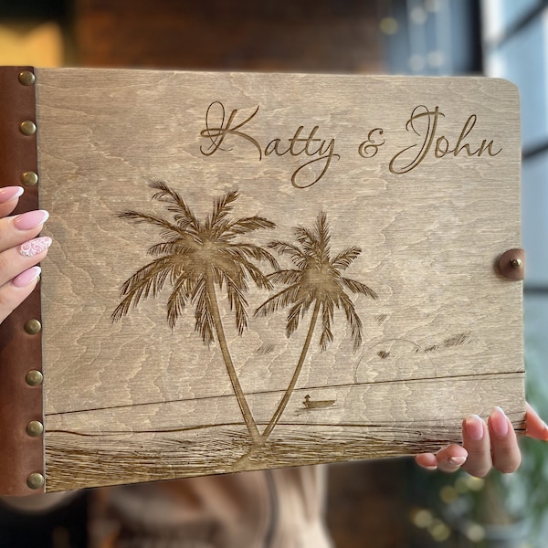 Beach Wedding Guest  Book, Nautical Guest Book, Wooden Wedding Album, Tropical Wedding Guest Book, Guest Book Wedding Alternative Palm Trees