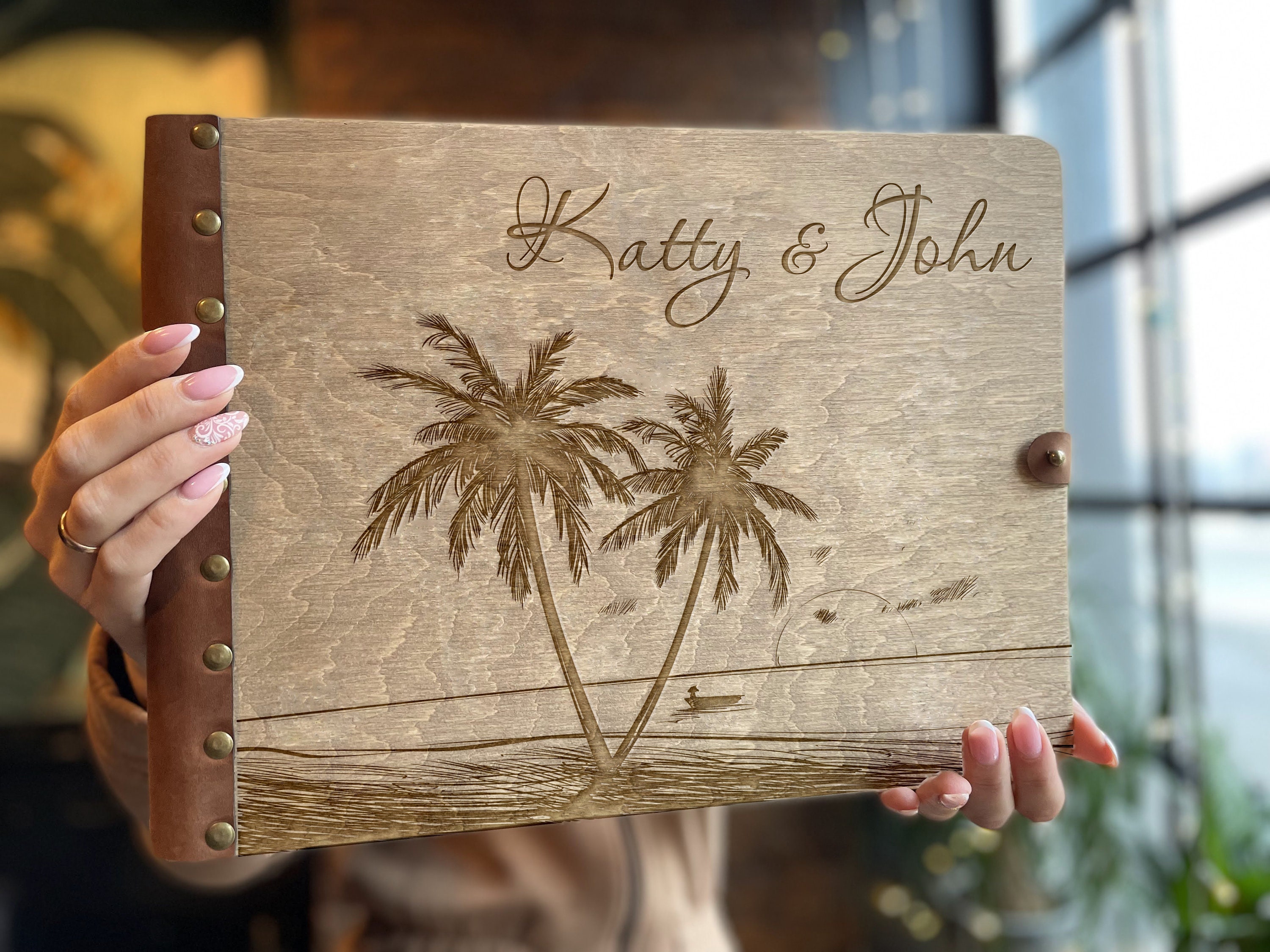 Beach Wedding Guest Book, Nautical Guest Book, Wooden Wedding Album, Tropical Wedding Guest Book, Guest Book Wedding Alternative Palm Trees