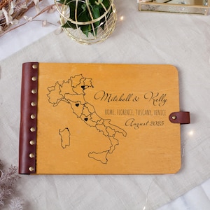 Album photo de voyage en Italie avec des lieux personnalisés sur la carte de l'Italie - Cadeau de lune de miel ou d'anniversaire de mariage à Rome, Venise, Toscane, Florence