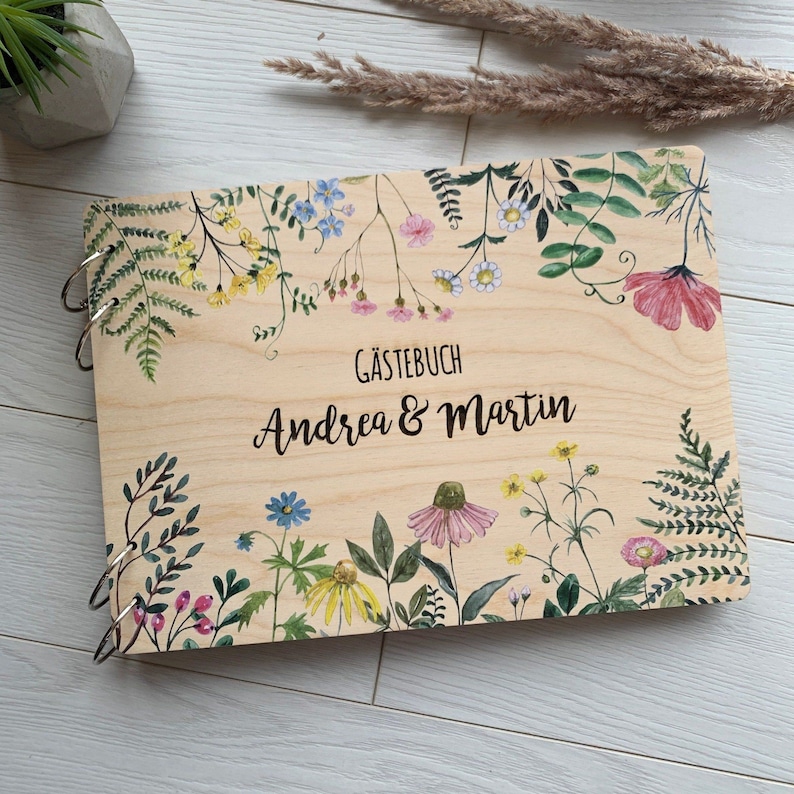 Libro de invitados de boda con flores silvestres, libro de invitados de madera para boda, boda bohemia, libro de invitados floral, boda rústica, libro de invitados de boda, San Valentín imagen 1