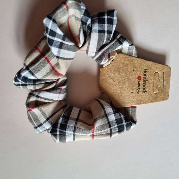 Beige black nova check scrunchie for messy buns, hair band scottish caramel tartan