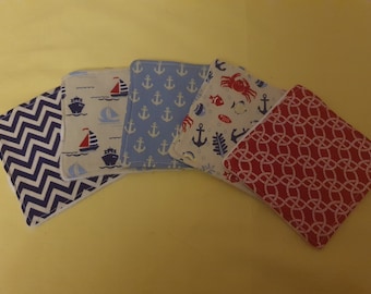 Seaside set of face wipes, Nautical face cloths, Beach cloths, cloth coasters, eco friendly zero waste, sustainable reusables for the home