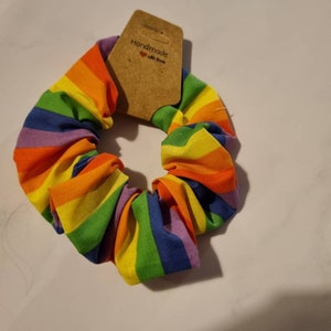 Rainbow stripe fun lgbtq hair scrunchie for messy buns