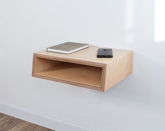 Floating nightstand mid century modern design, bedroom bedside birch plywood table, handmade wooden scandinavian furniture