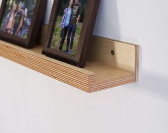 Long picture ledge minimalist plywood shelf with  edge - Custom length floating wall photo rail, Photo display shelf with lip