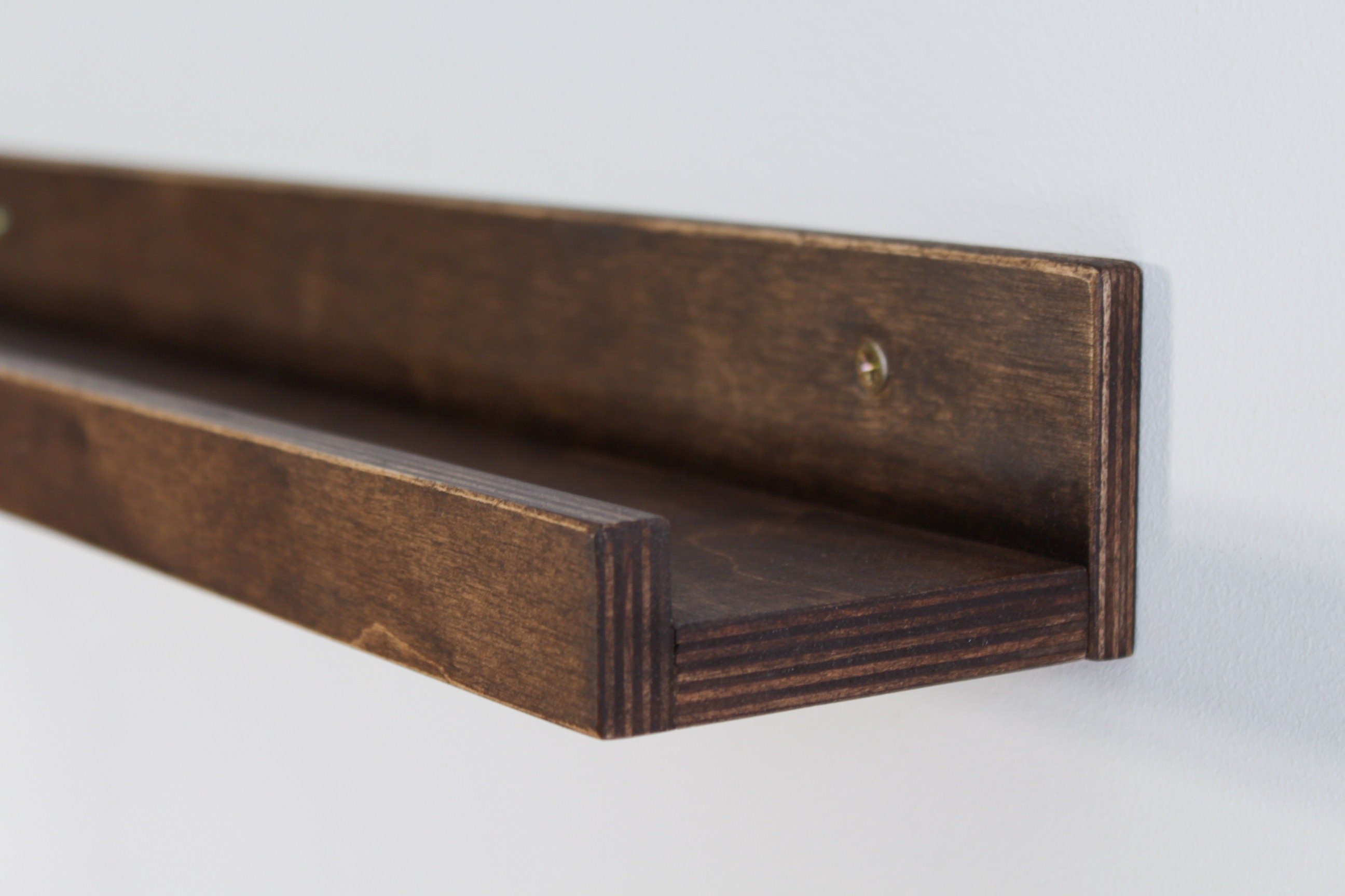 Floating Ledge Wall Shelves Plywood Walnut Stained Picture Display Shelf, Handmade Modern Custom