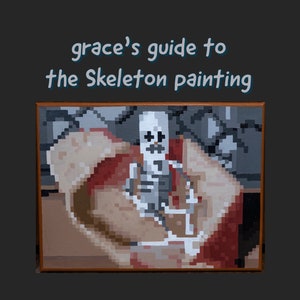May include: A framed painting of a skeleton holding a red and white object. The painting is in a brown frame and has a pixelated style.