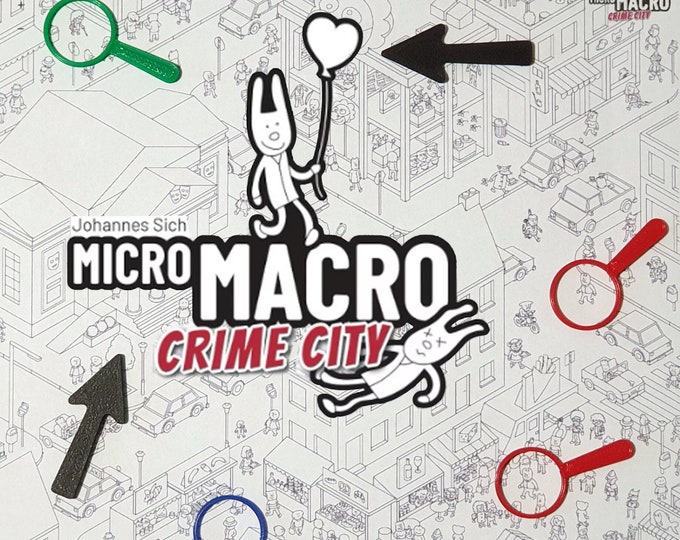 MicroMacro - Crime City - clue markers - magnifying glass and arrows - Board Game accessories and upgrades for better and easier orientation