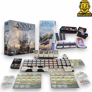 Puede incluir: Juego de mesa "Anno 1800" con una caja que muestra una ilustración de un barco y varios componentes del juego. Incluye tableros, cartas y fichas. La caja mide aproximadamente 30 cm de altura.