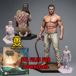 Könnte beinhalten: Eine Sammlung von 3D-druckbaren Figuren, darunter ein muskulöser Mann mit einer Peitsche, eine an einen Pfosten gefesselte Figur mit sichtbaren Narben am Rücken und eine Spielschachtel mit dem Titel NAKRMTE KRAKENA, alle als digitale STL-Dateien.