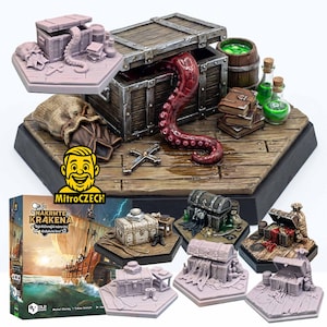 Può includere: Una collezione di miniature per giochi da tavolo che presenta un grande baule in legno dipinto con un tentacolo rosso che ne fuoriesce, circondato da boccette di pozioni, libri e un sacco. Include diverse miniature di bauli in resina grigia non dipinta.