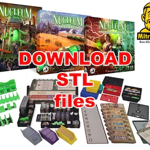 May include: Three board game boxes titled "Nucleum" with various game components. The boxes feature illustrations of a city, a landscape, and a woman. The text "DOWNLOAD STL FILES" is displayed in red.