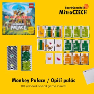 May include: A yellow background displays a board game insert for "Monkey Palace." The insert includes various game components, such as cards and tokens, organized in clear plastic containers. Text on the image reads "NOT OFFICIAL PRODUCT" and "3D printed board game insert."
