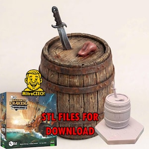 May include: A brown wooden barrel with a metal-banded texture, featuring a silver-bladed knife embedded in the top and a small pink tongue-like object nearby. Beside it sits a light gray unpainted miniature barrel on a hexagonal base.