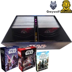May include: A black Star Wars deckbuilding game box with multiple card decks inside. Three game boxes are in front, featuring Darth Vader, Clone Wars, and Mandalorian themes. The Greywolf and MitroCZECH logos are visible.
