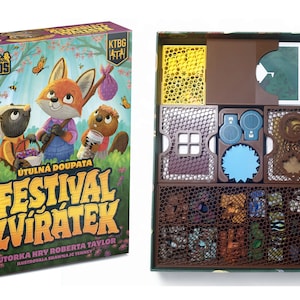 May include: A board game box titled "Festival Zvířátek" with cartoon animal illustrations. The box features a fox, badger, and beaver. The open box reveals game pieces in various shapes and colors, including cards and wooden tokens.
