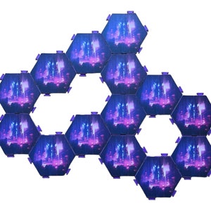 May include: Hexagonal LED light panels arranged in a honeycomb pattern. Each panel displays a cityscape scene in shades of blue, purple, and pink. The panels are connected with purple connectors, creating a modular lighting system.