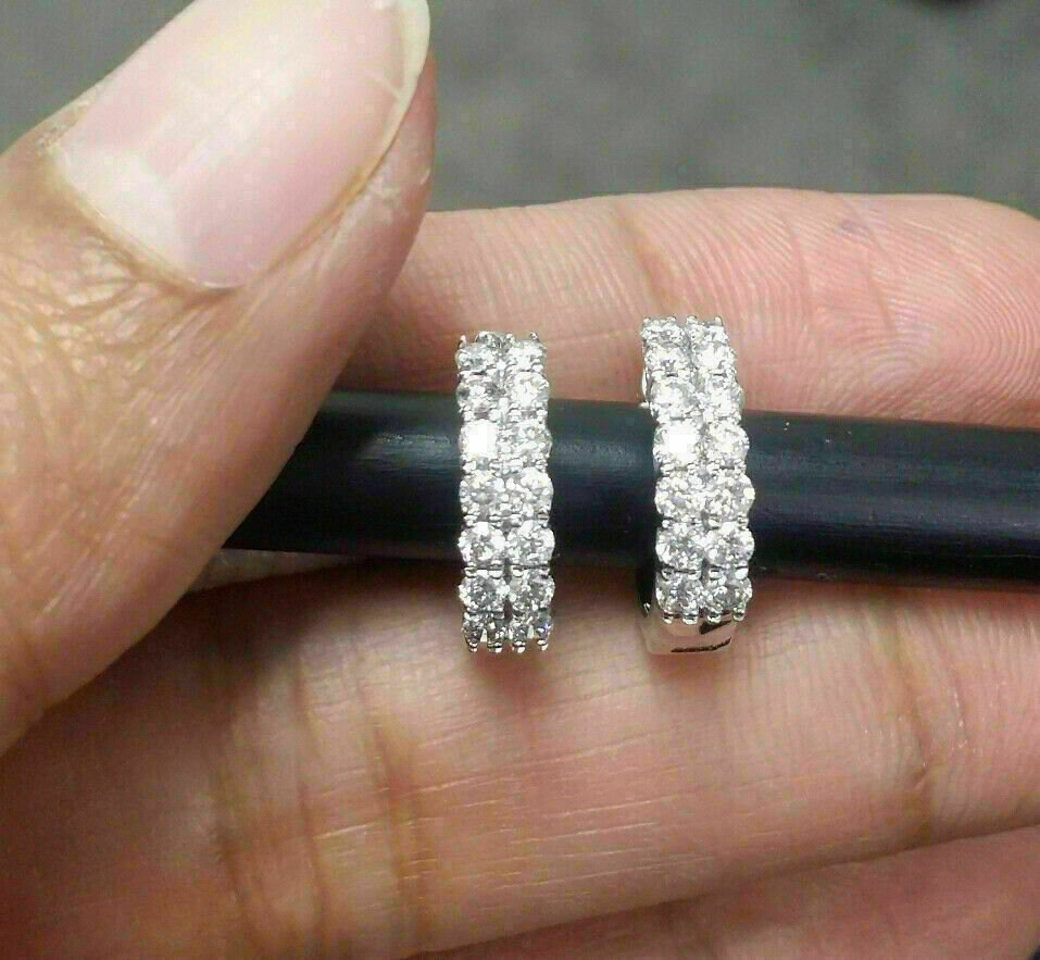 Diamond Huggie Hoop Earrings 925 Sterling Silver 2Ct 14K White Etsy