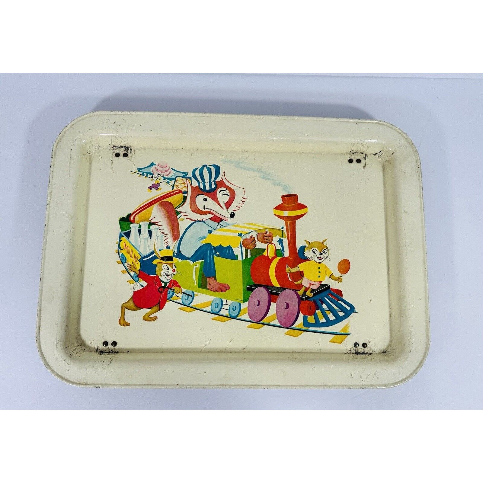 Fox Food Train Kids Cartoon Metal TV Dinner Tray Vintage Retro