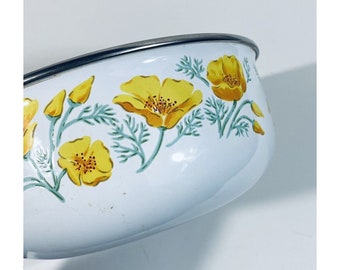 Vintage Enamelware Nesting Bowl Yellow Orange Poppies Flowers Kobe Kitchen Japan