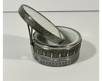 Silver Tone Porcelain Compact Case Powder Makeup Mirror Vintage Antique Beauty