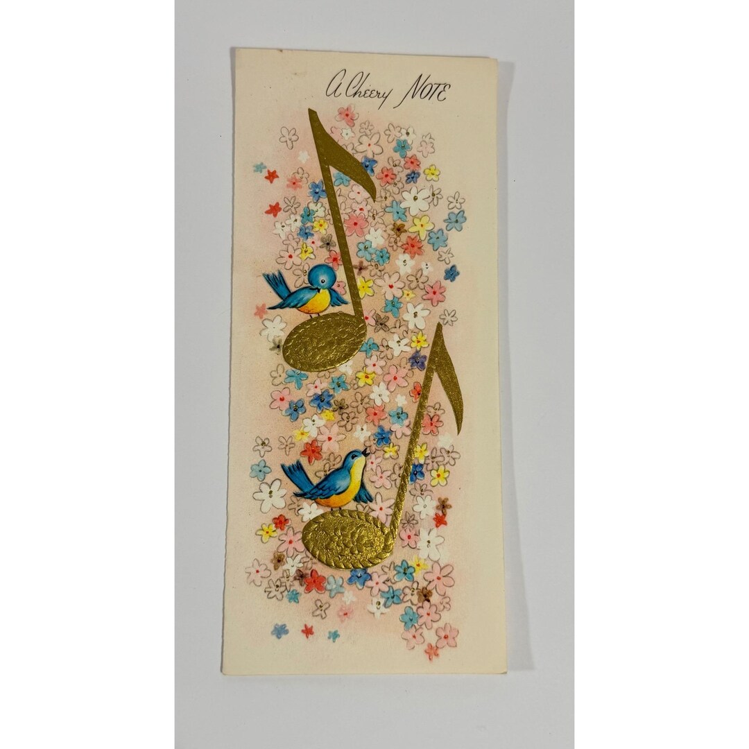 Vintage Greeting Card With Bluebirds Gold Musical Notes & Floral Design ...