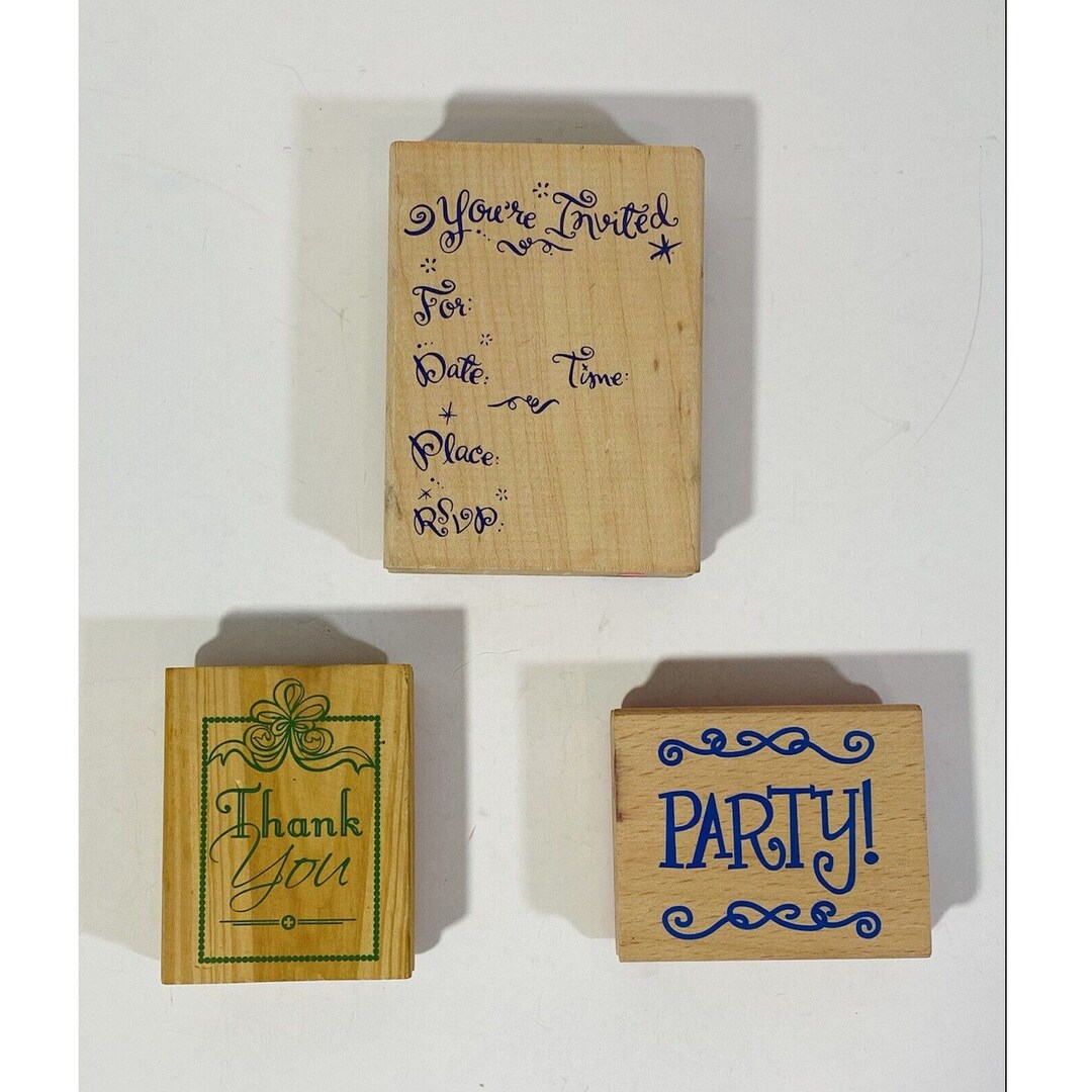 Party Thank You Wood Mounted Rubber Stamp Set of 3 Scrapbooking Crafts ...
