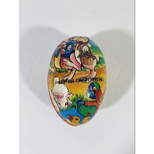 Vintage German Large Paper Mache Easter Egg Candy Container Colorful Rabbits
