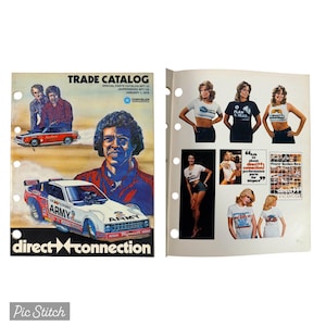 May include: Vintage automotive trade catalog featuring a drag racing car with "ARMY" on the side and a portrait of a man. The catalog also includes images of women wearing t-shirts with text and a car.