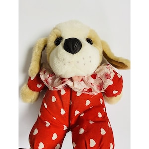 Vintage Valentines Day Puppy Dog Red Heart Outfit Collar Soft Stuffed Animal Toy