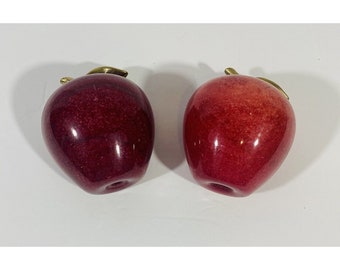 Polished Stone Red Apple Paperweights Brass Stems 3.5” Vintage Heavy Teacher