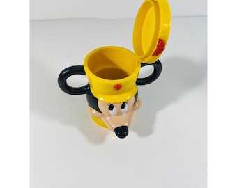 Vintage Disney on Ice Mickey Mouse Mug Flip Top Hat Lid Cup Yellow