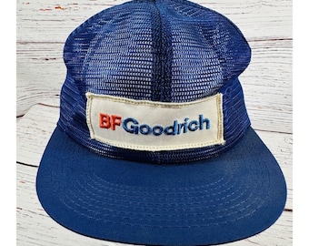 Vintage B F Goodrich Patch Snapback Trucker Hat Blue Mesh Flat Bill Ball Cap