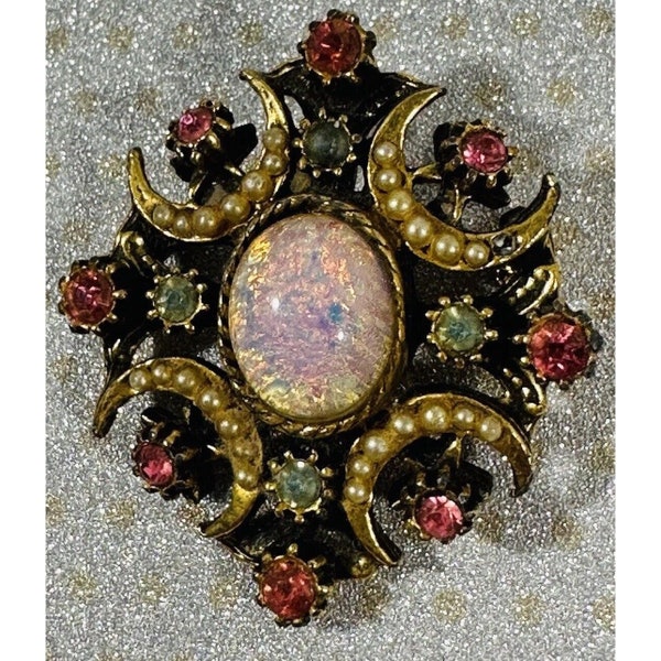 Renaissance Revival Brooch Pin Pearls Gemstones Gold Tone Moon Celestial Opal