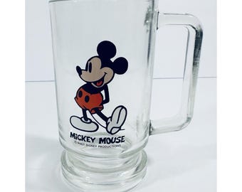 Mickey Mouse Clear Glass Mug Cup Stein Vintage Walt Disney Productions Souvenir
