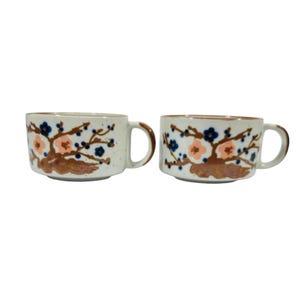 Vintage Korean Ceramic Stoneware Soup Mugs Floral Design Hand-Painted Brown & White Speckled
