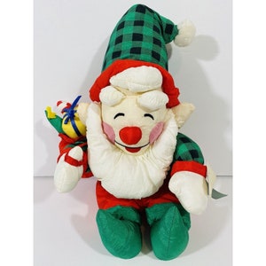 Vintage Christmas Santa Elf Puffy Nylon Plush Doll Toy 12” Happy Smiling Plaid