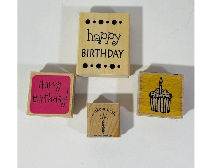 Happy Birthday Wood Mounted Rubber Stamp Set of 4 Scrapbooking Crafts ...