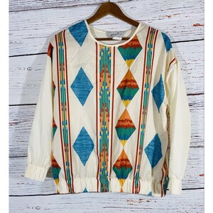 Vintage Blair Womens Windbreaker Shirt Size 16 Petite Ivory Southwestern Retro