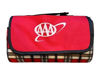 AAA Red Plaid Picnic Blanket Waterproof Backing Carry Handle Vintage NOS Promo