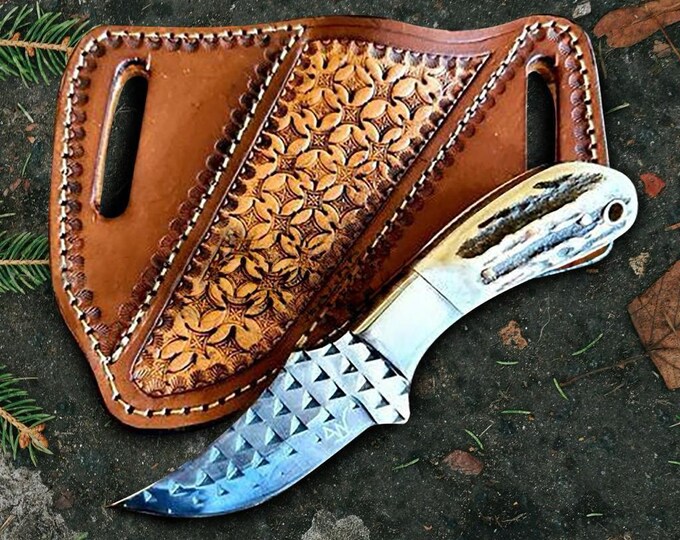 Damascus Knife/ Pancake Sheath Combo Western Style Designed Tooled