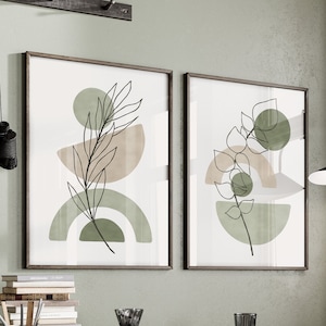 Sage Green Boho Botanical Printable Wall Art Set of 2 Prints, Mid Century Modern Wall Art Duo Poster, Boho Digital Art Prints Set of 2