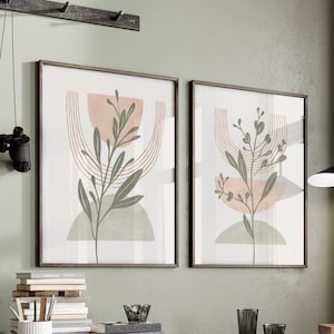 Boho Printable Wall Art Set of 2 Prints, Sage Green And Blush Pink botanical nursery wall art, Pastel boho Abstract Digital Art Prints Set