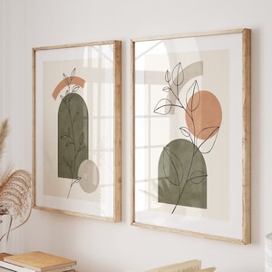 set of 2 boho botanical wall prints, terracotta orange and green wall art, boho printable wall art, sage brunt rust clay Mid Century Art set