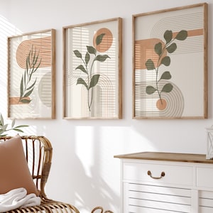 impresiones de arte digital verde y naranja conjunto de 3, arte de pared boho, conjunto de arte de pared imprimible moderno de mediados de siglo de 3, arte de pared botánico abstracto
