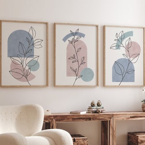 Blush Pink Mid Century Modern Print Set of 3, Pastel Boho Wall Art Set of 3, Blush Pink and Grey Mauve blue Botanical Trio of Prints