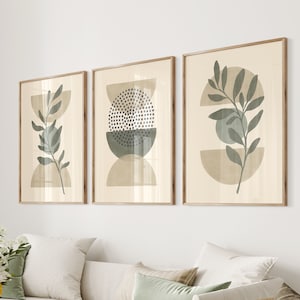 sage green boho botanical wall art set of 3 prints, mid century modern abstract geometrica wall print set for living room, bedroom, hallway