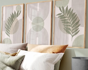 Conjunto de estampados bohemios en verde salvia: arte moderno de mediados de siglo con hojas geométricas