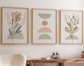 sage green boho set of 3 prints, mid century modern wall art set of 3, abstract, botanical, green, blush pink, neutral, beige, trio of print